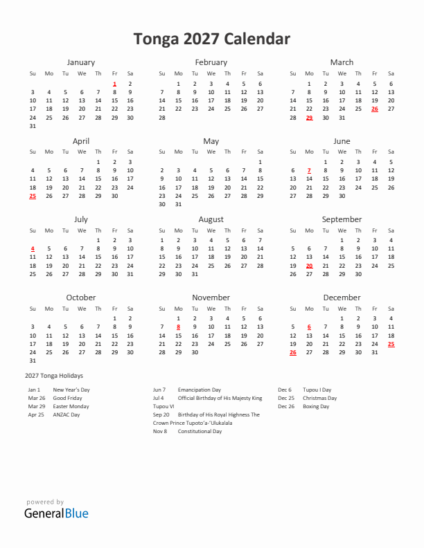 2027 Yearly Calendar Printable With Tonga Holidays