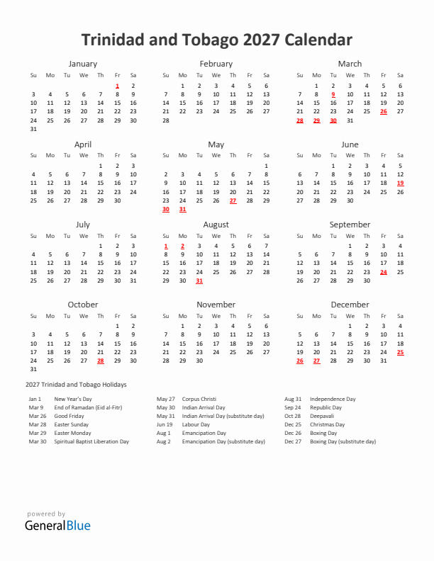 2027 Yearly Calendar Printable With Trinidad and Tobago Holidays