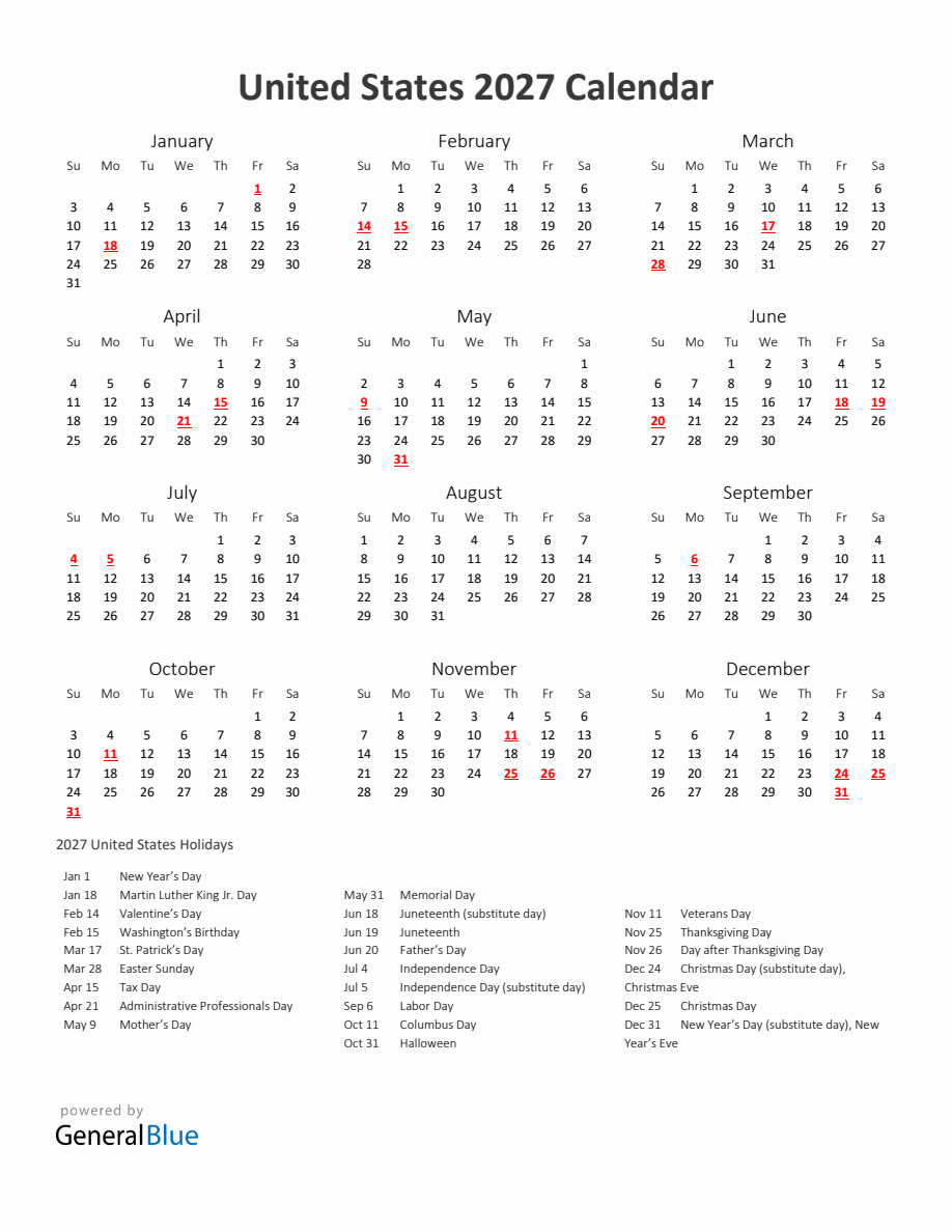 2027 Yearly Calendar Printable With United States Holidays