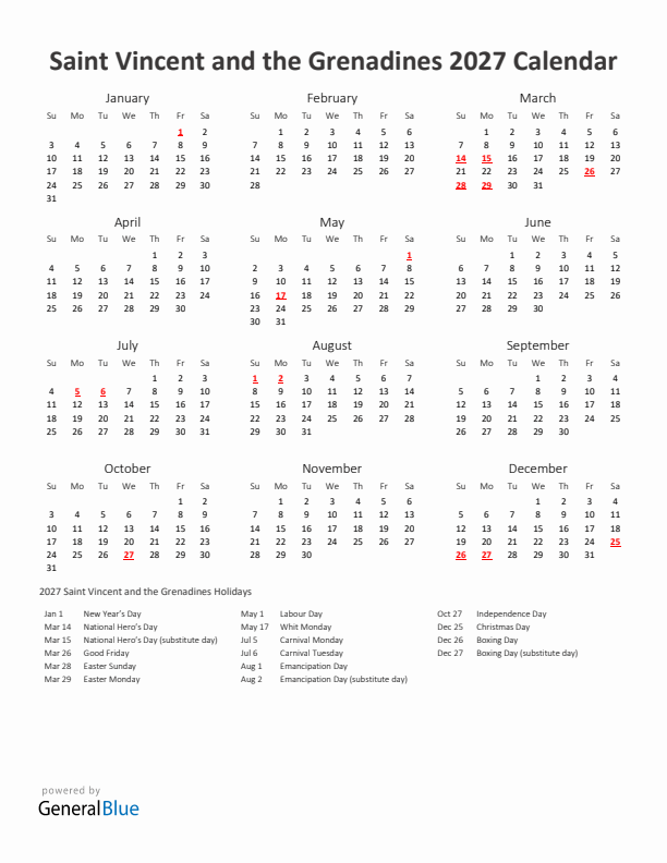 2027 Yearly Calendar Printable With Saint Vincent and the Grenadines Holidays