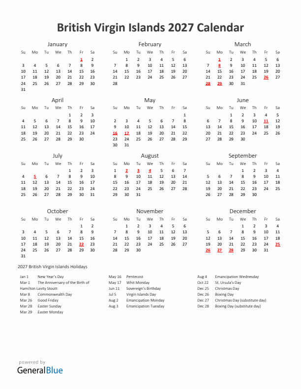 2027 Yearly Calendar Printable With British Virgin Islands Holidays
