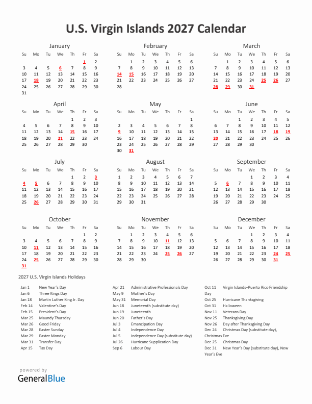 2027 Yearly Calendar Printable With U.S. Virgin Islands Holidays