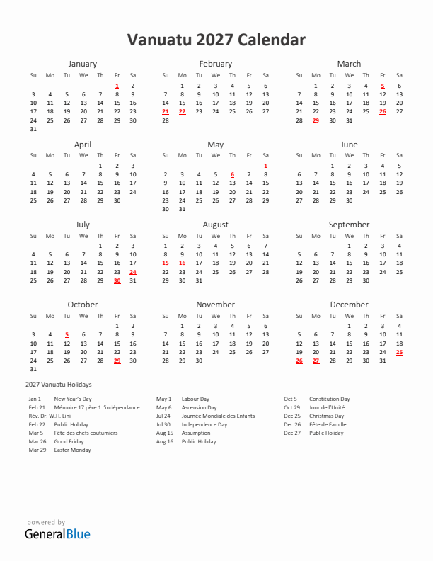 2027 Yearly Calendar Printable With Vanuatu Holidays