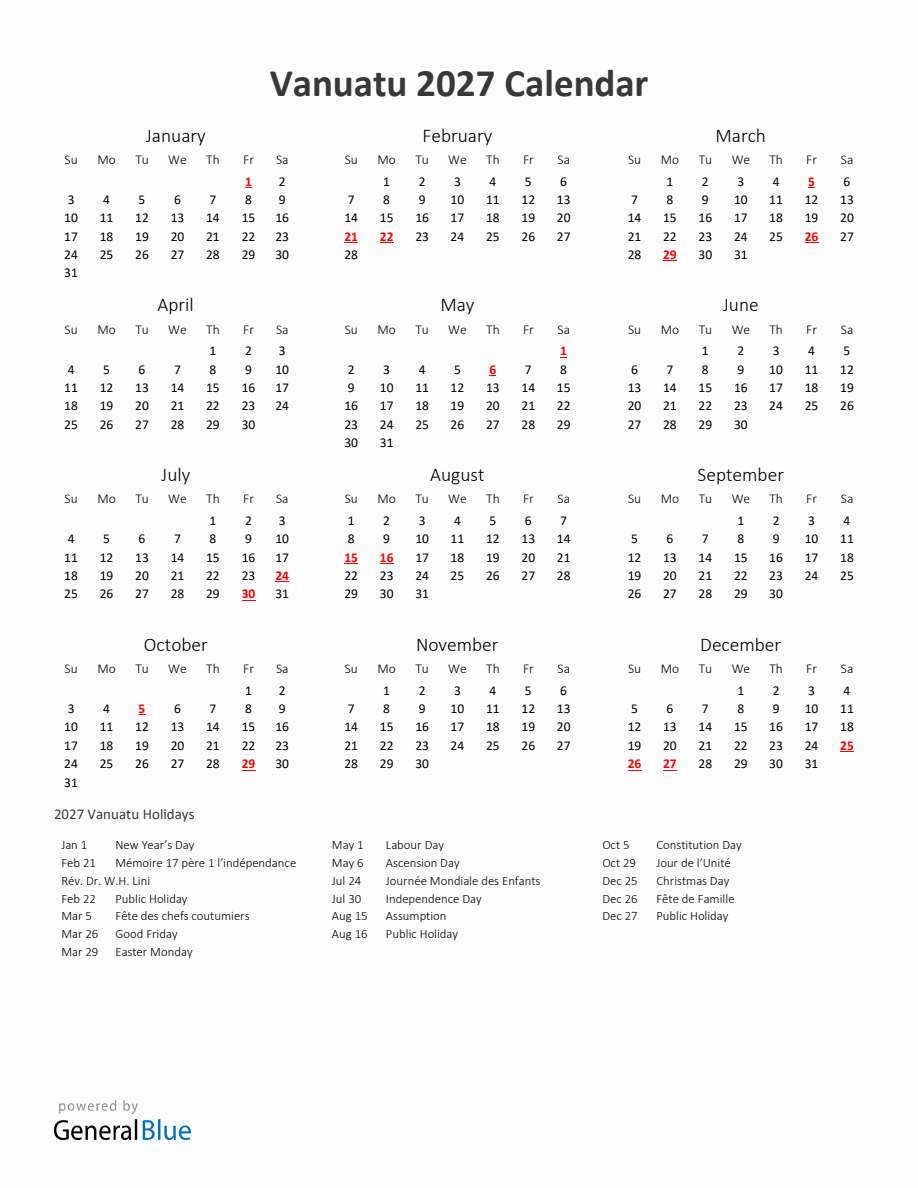 2027 Yearly Calendar Printable With Vanuatu Holidays