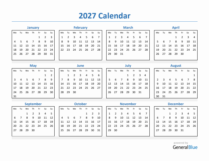 2027 Yearly Calendar Templates With Monday Start