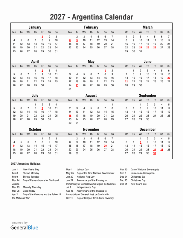 Year 2027 Simple Calendar With Holidays in Argentina