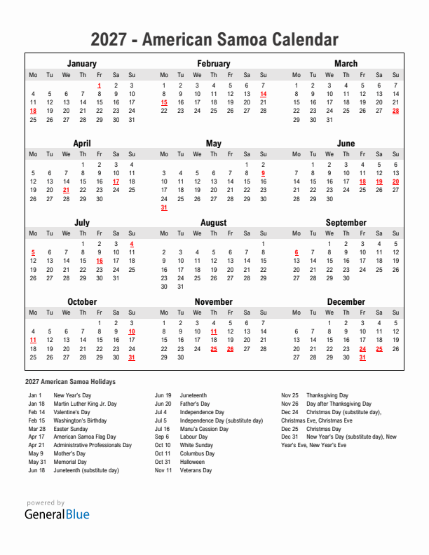Year 2027 Simple Calendar With Holidays in American Samoa