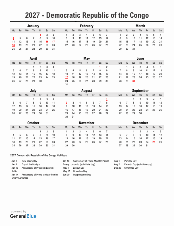 Year 2027 Simple Calendar With Holidays in Democratic Republic of the Congo