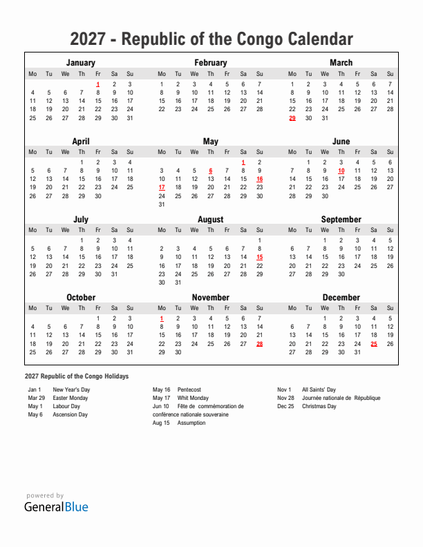 Year 2027 Simple Calendar With Holidays in Republic of the Congo