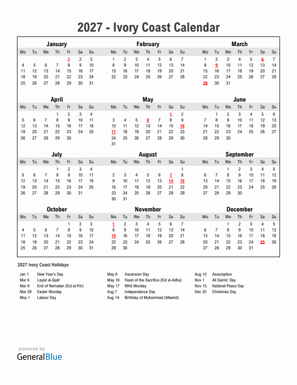 Year 2027 Simple Calendar With Holidays in Ivory Coast