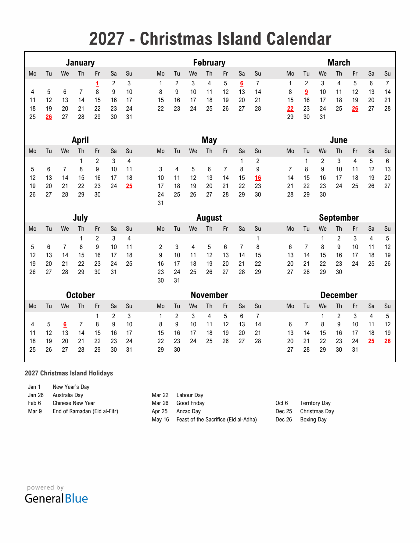 Year 2027 Simple Calendar With Holidays in Christmas Island
