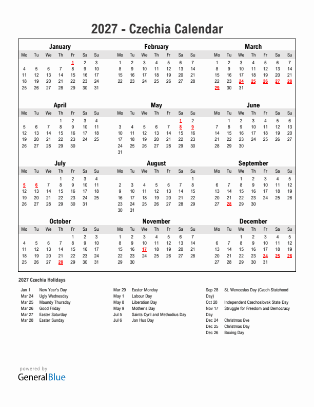 Year 2027 Simple Calendar With Holidays in Czechia