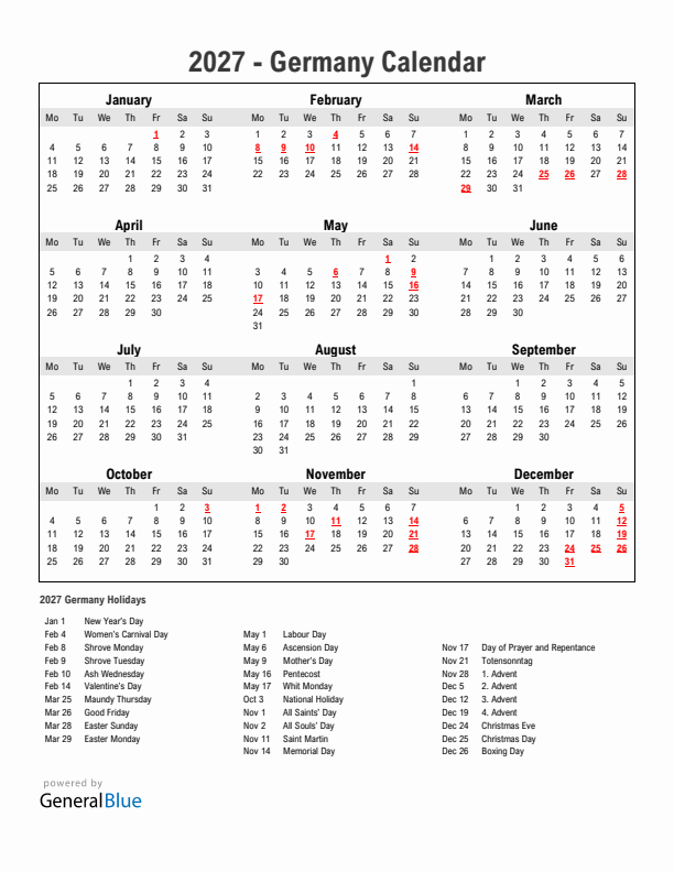 2027 Germany Calendar With Holidays Monday Start 