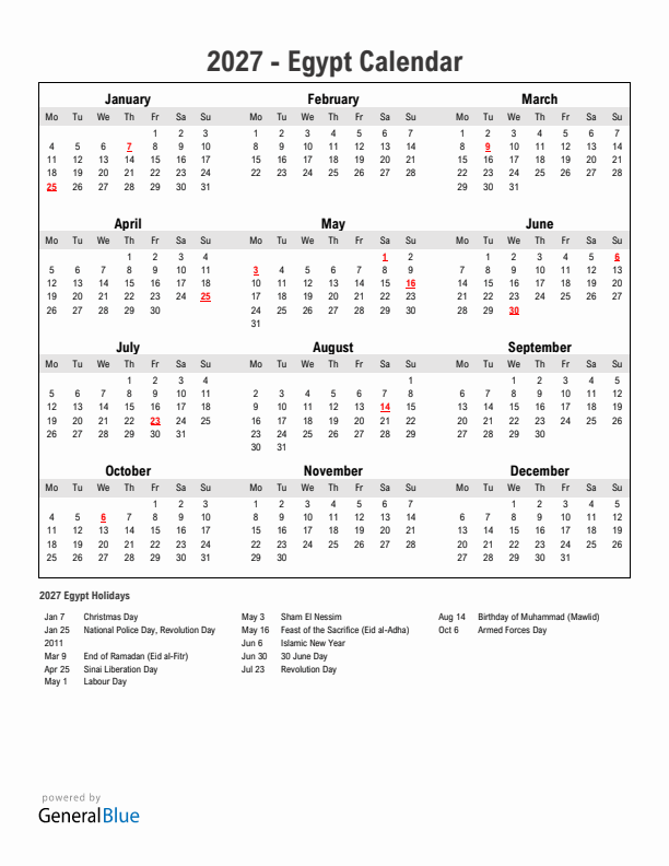 Year 2027 Simple Calendar With Holidays in Egypt