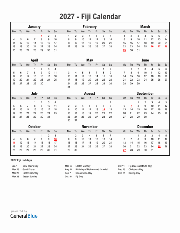 Year 2027 Simple Calendar With Holidays in Fiji