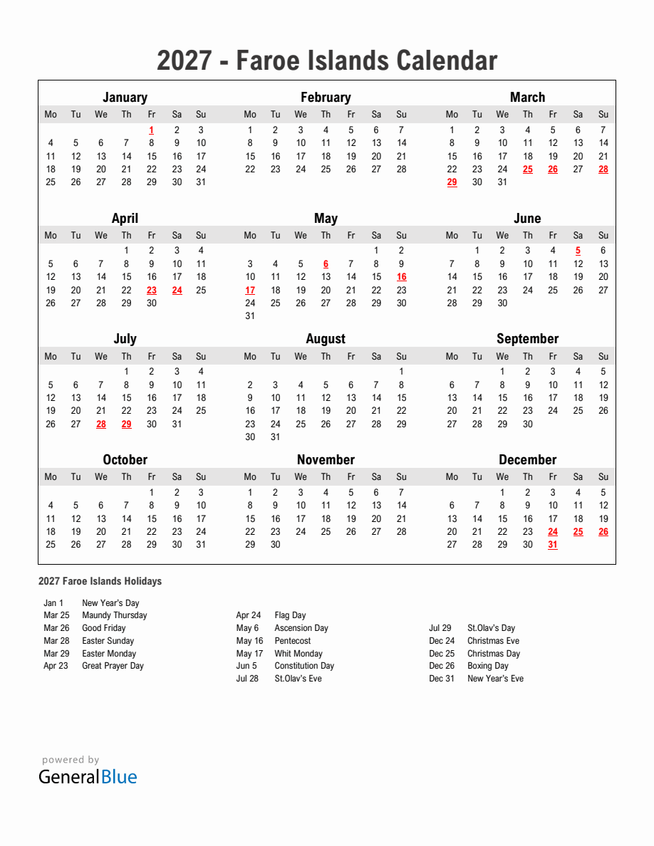 Year 2027 Simple Calendar With Holidays in Faroe Islands - Monday Start