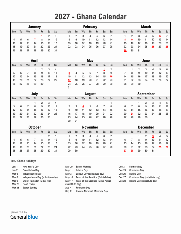 Year 2027 Simple Calendar With Holidays in Ghana