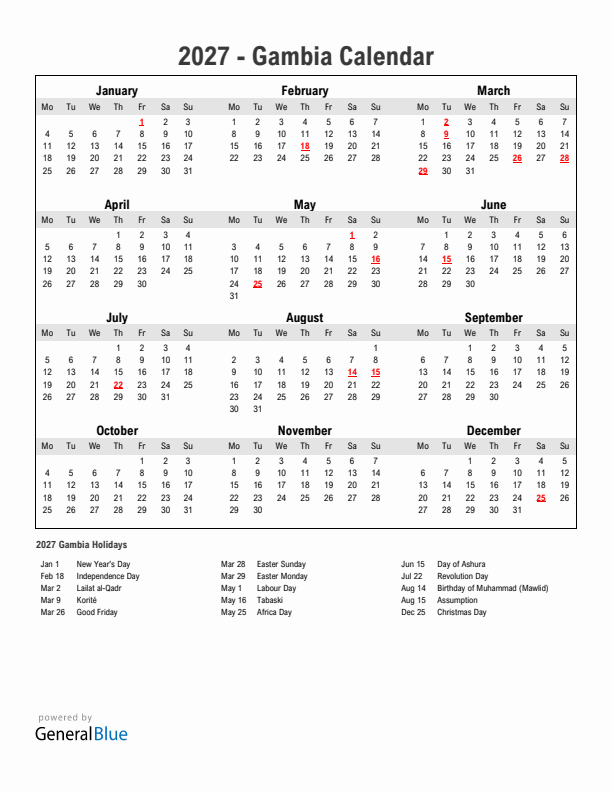 Year 2027 Simple Calendar With Holidays in Gambia
