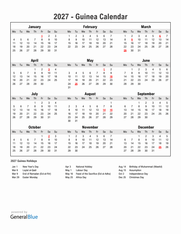 Year 2027 Simple Calendar With Holidays in Guinea