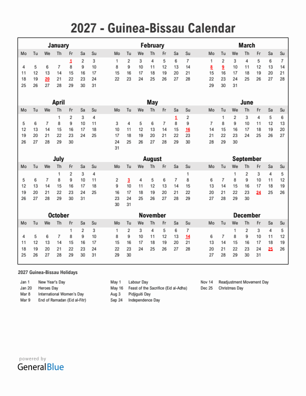 Year 2027 Simple Calendar With Holidays in Guinea-Bissau