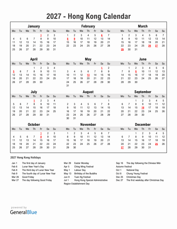 Year 2027 Simple Calendar With Holidays in Hong Kong
