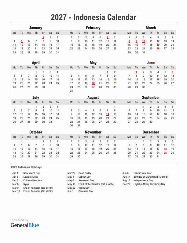 Year 2027 Simple Calendar With Holidays in Indonesia