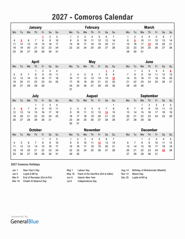 Year 2027 Simple Calendar With Holidays in Comoros