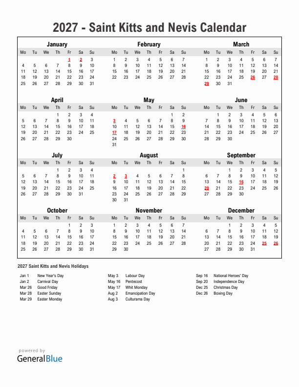 Year 2027 Simple Calendar With Holidays in Saint Kitts and Nevis