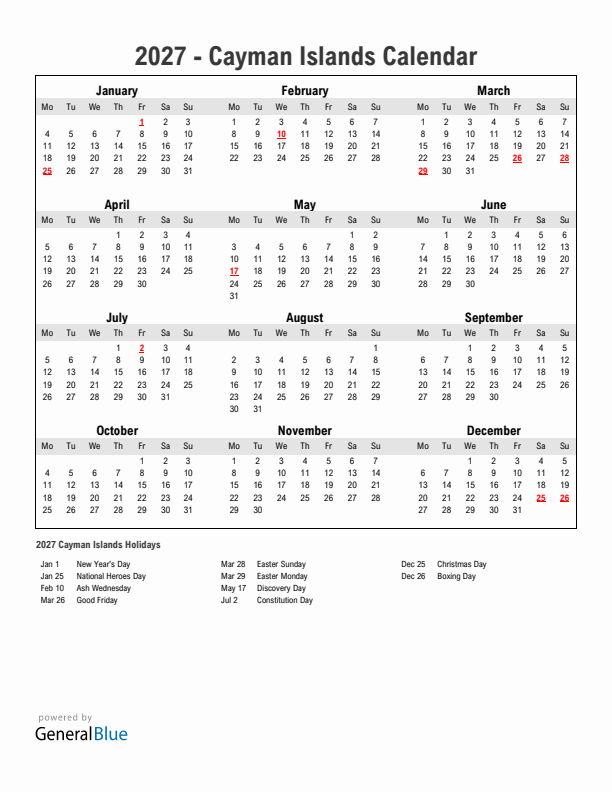 Year 2027 Simple Calendar With Holidays in Cayman Islands