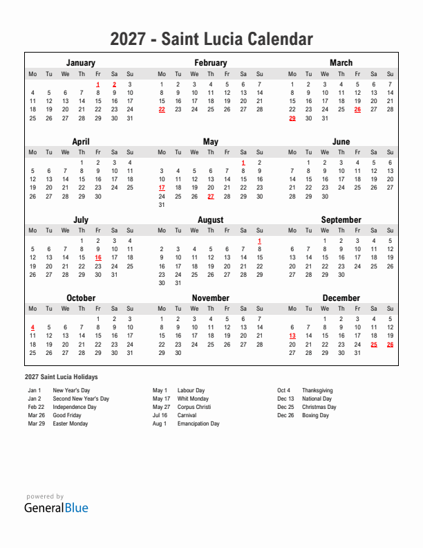 Year 2027 Simple Calendar With Holidays in Saint Lucia