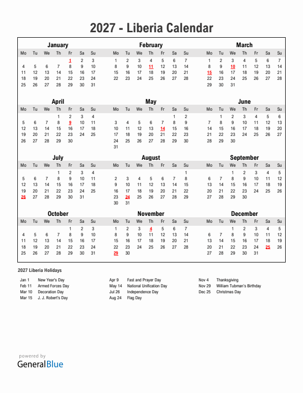 Year 2027 Simple Calendar With Holidays in Liberia
