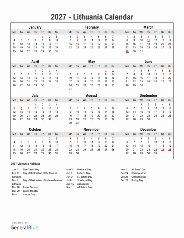 Year 2027 Simple Calendar With Holidays in Lithuania