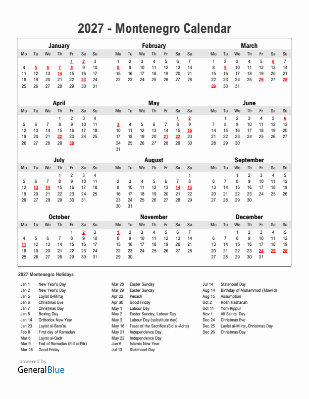 Year 2027 Simple Calendar With Holidays in Montenegro