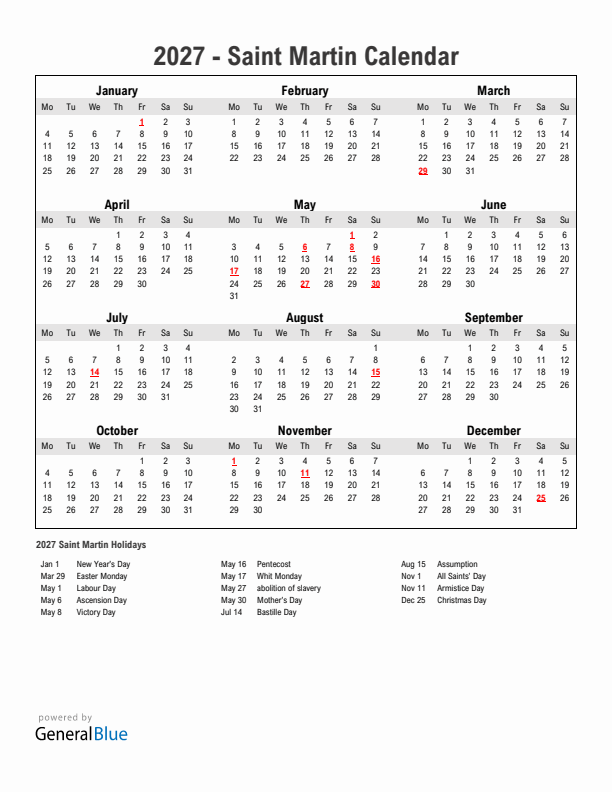 Year 2027 Simple Calendar With Holidays in Saint Martin