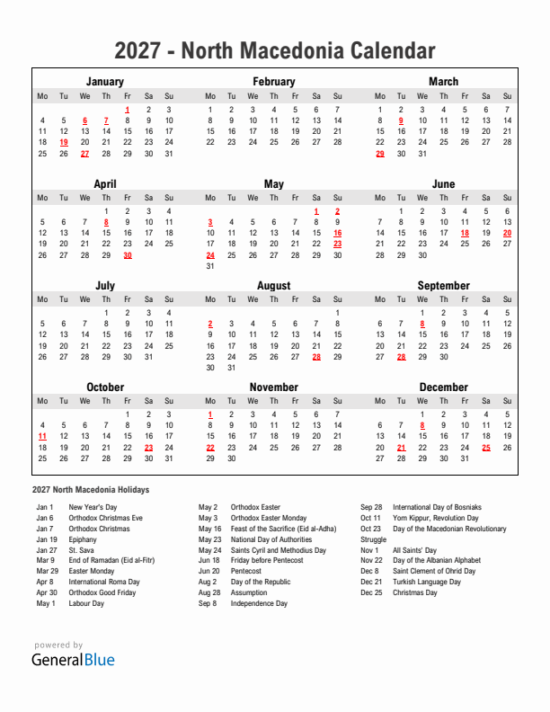 Year 2027 Simple Calendar With Holidays in North Macedonia