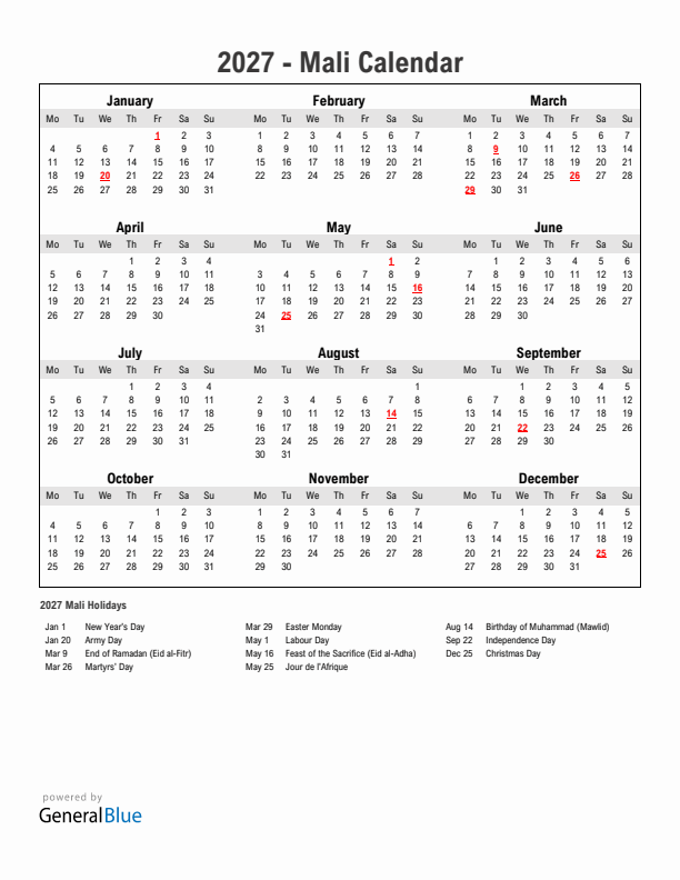 Year 2027 Simple Calendar With Holidays in Mali