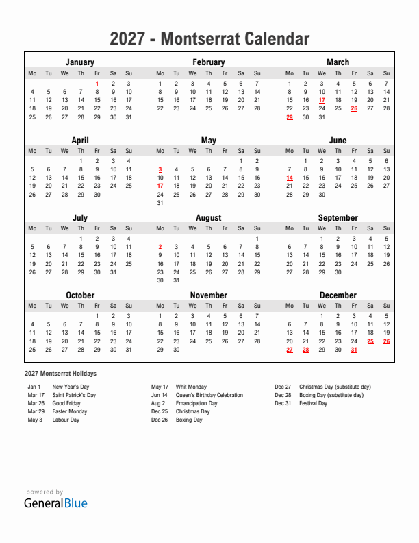 Year 2027 Simple Calendar With Holidays in Montserrat