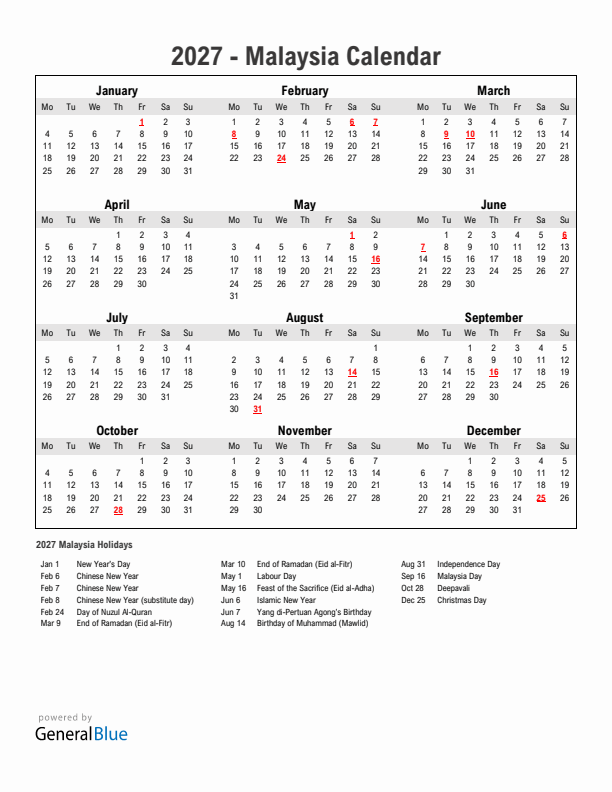 Year 2027 Simple Calendar With Holidays in Malaysia