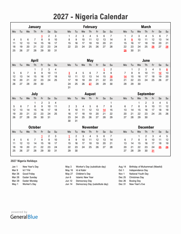 Year 2027 Simple Calendar With Holidays in Nigeria