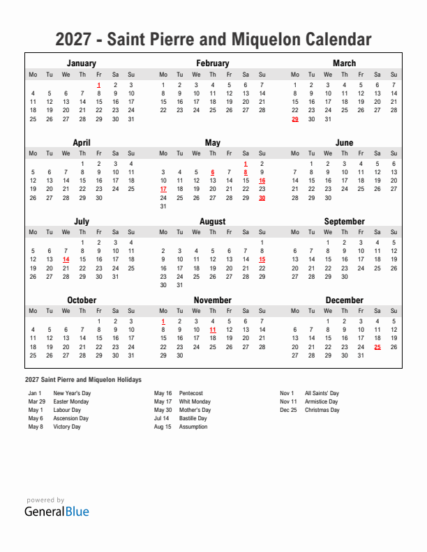 Year 2027 Simple Calendar With Holidays in Saint Pierre and Miquelon