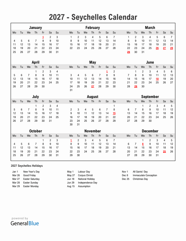 Year 2027 Simple Calendar With Holidays in Seychelles