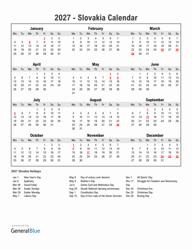 Year 2027 Simple Calendar With Holidays in Slovakia