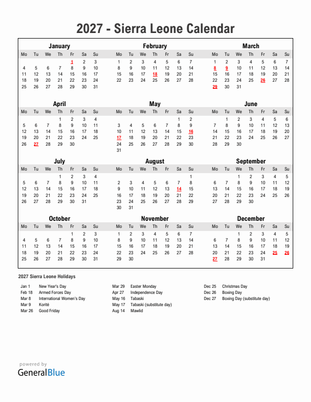 Year 2027 Simple Calendar With Holidays in Sierra Leone