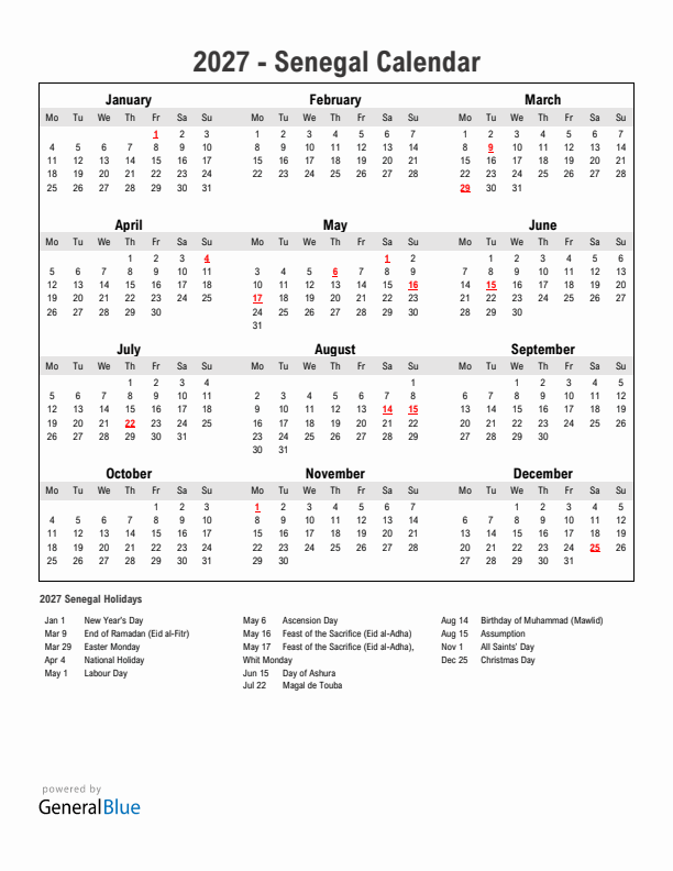 Year 2027 Simple Calendar With Holidays in Senegal