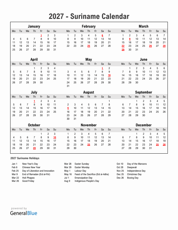 Year 2027 Simple Calendar With Holidays in Suriname
