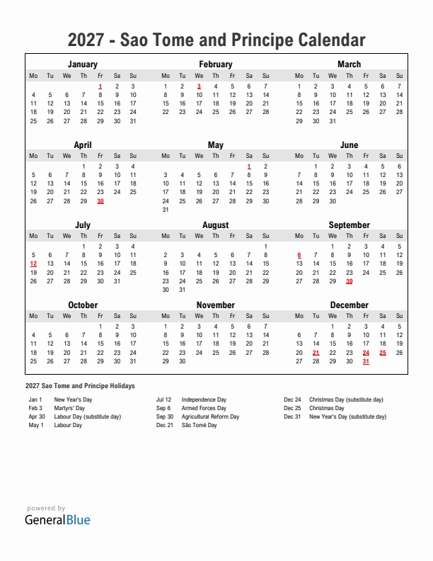 Year 2027 Simple Calendar With Holidays in Sao Tome and Principe