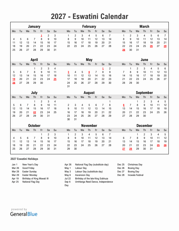 Year 2027 Simple Calendar With Holidays in Eswatini