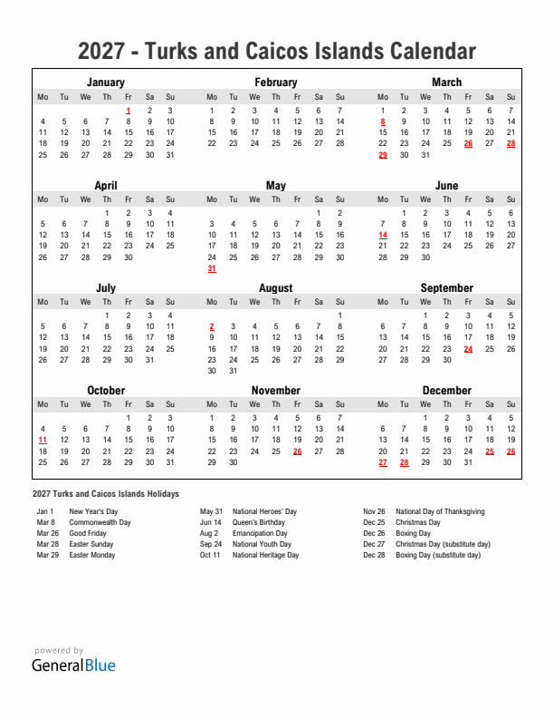 Year 2027 Simple Calendar With Holidays in Turks and Caicos Islands