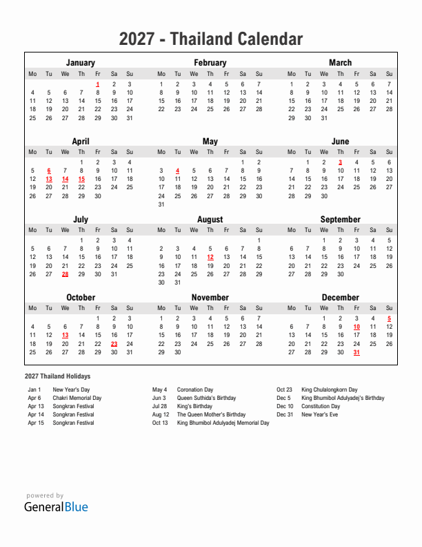 Year 2027 Simple Calendar With Holidays in Thailand