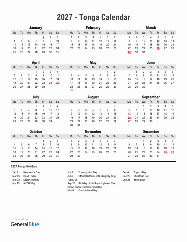 Year 2027 Simple Calendar With Holidays in Tonga